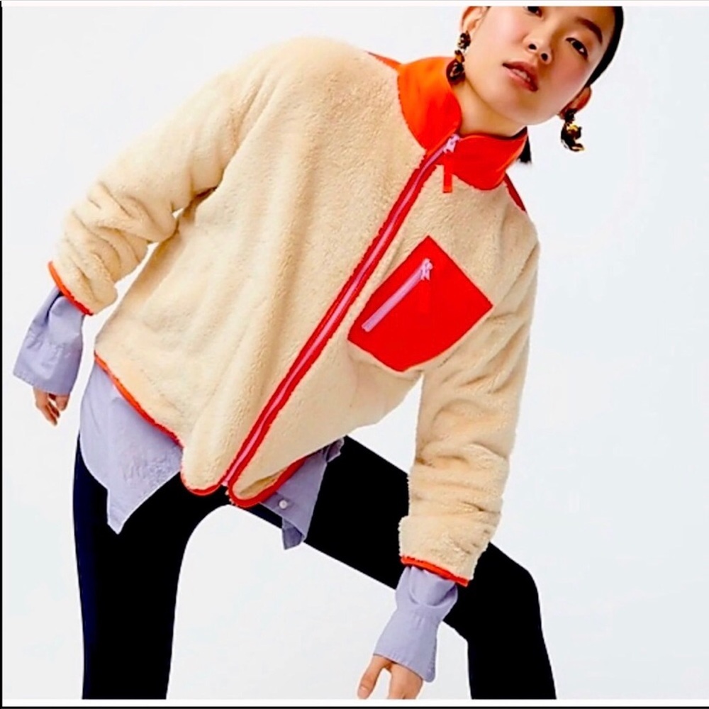 J. Crew plush fuzzy zip up jacket colorblock orange beige